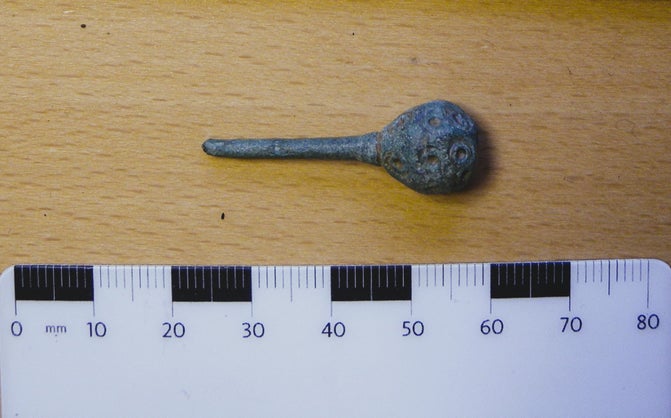 Mid–Late Saxon hair pin discovered during archaeological fieldwork and metal detecting at Stoneacre, Kent